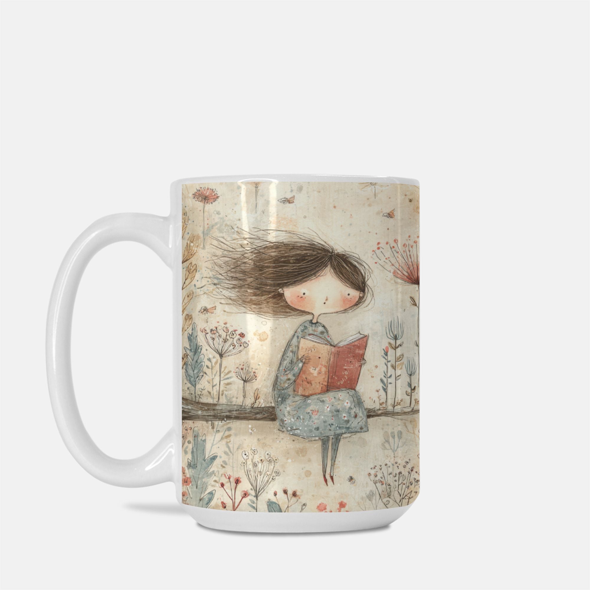 Mug with a design of a girl holding a book against a floral background