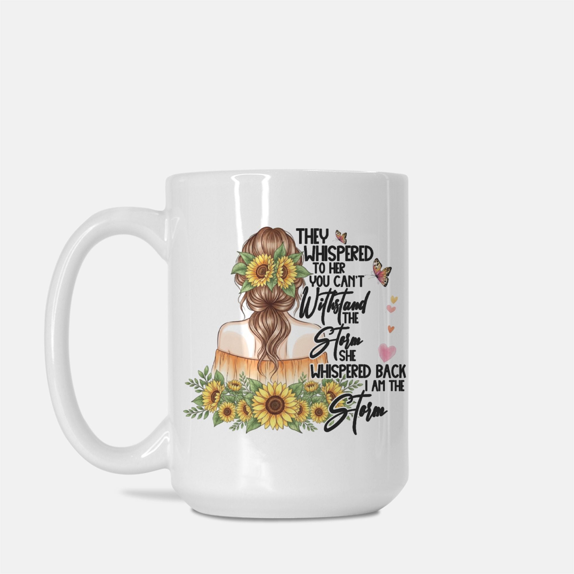 White mug with a design of a woman with flowers in her hair and text on a white background