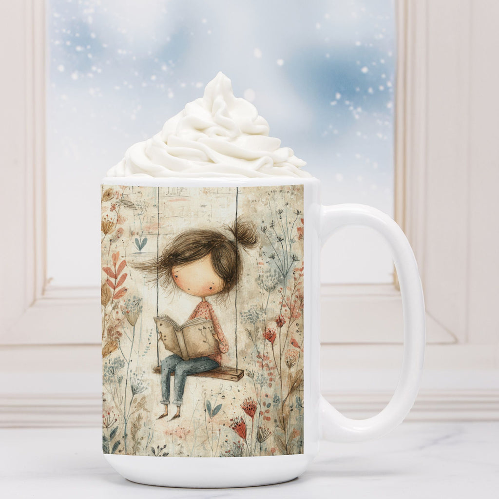 White mug with a design of a girl reading a book on a swing, filled with hot chocolate and whipped cream.