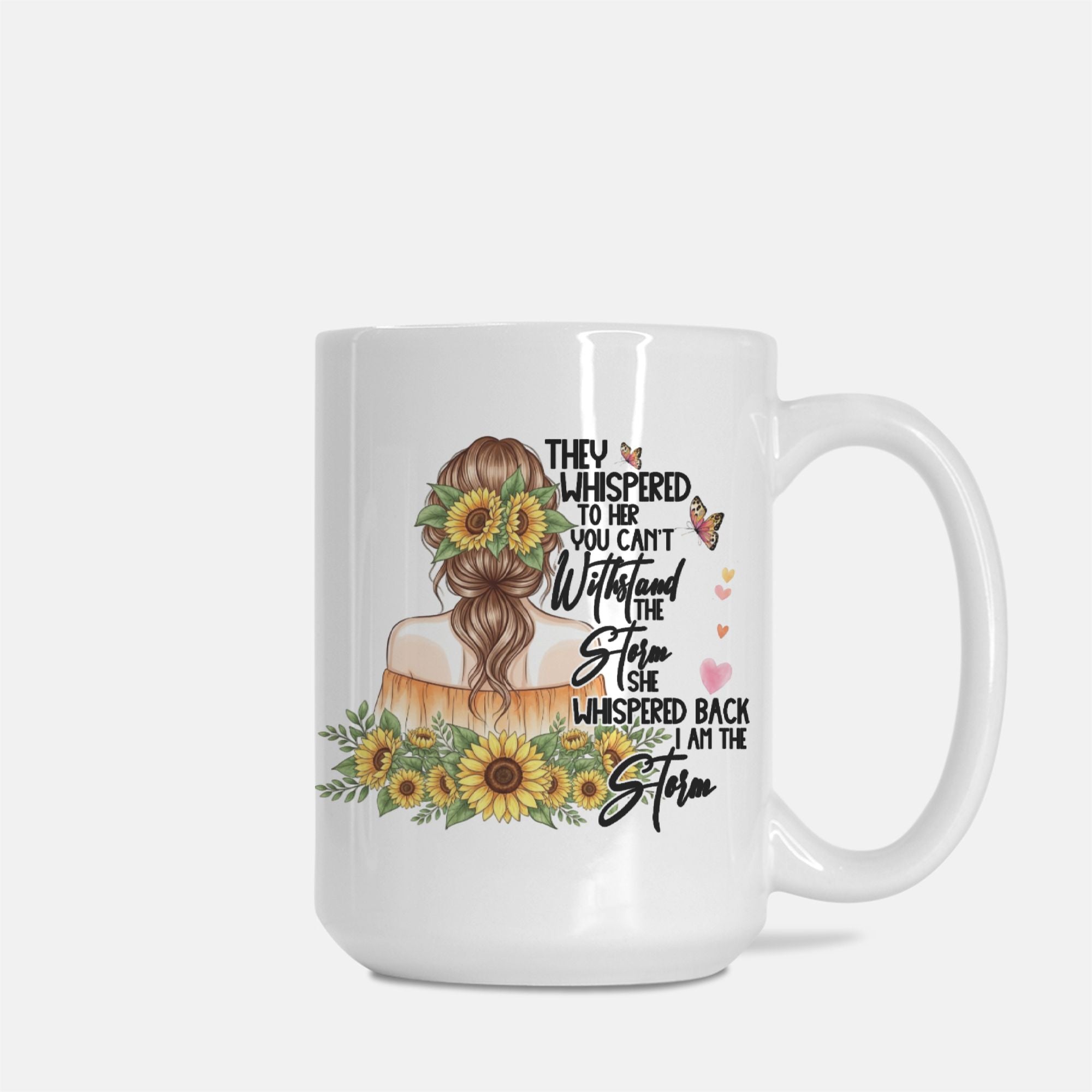 White mug with a design of a woman with sunflowers and text on a white background