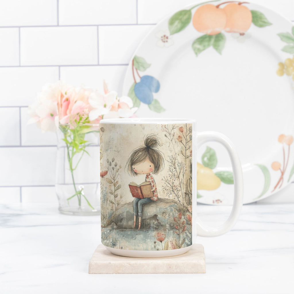 Mug with a design of a girl reading a book, placed on a marble coaster with a floral plate in the background.