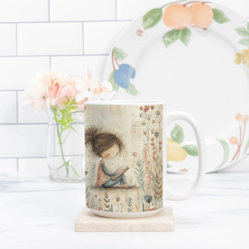 Mug with a design of a girl reading a book in a garden, placed on a white surface with a blurred background.