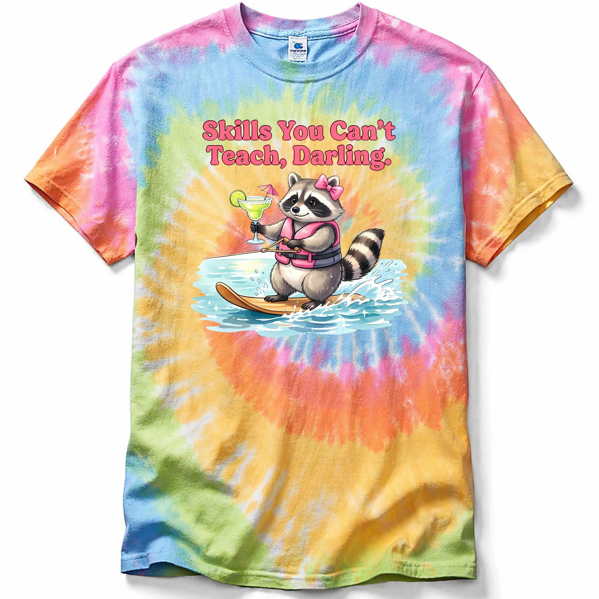 Colorful tie-dye t-shirt with a raccoon graphic and text on a white background
