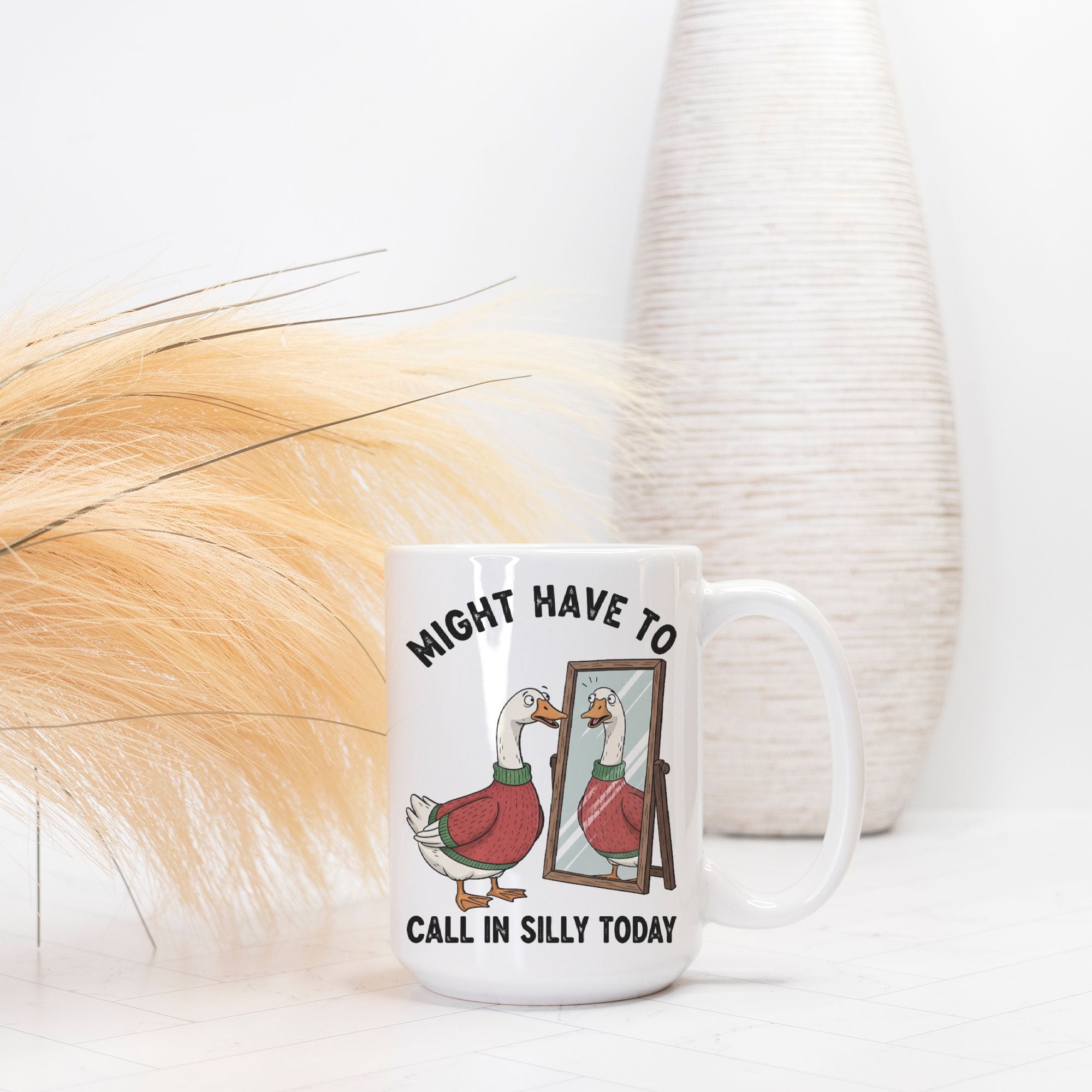 White mug with a goose illustration and text on a white background