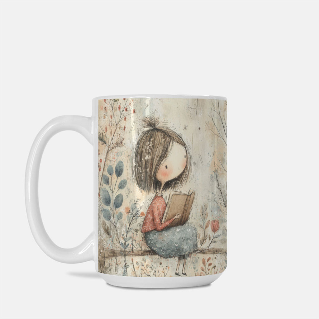 Mug with a design of a girl holding a book and surrounded by nature on a white background