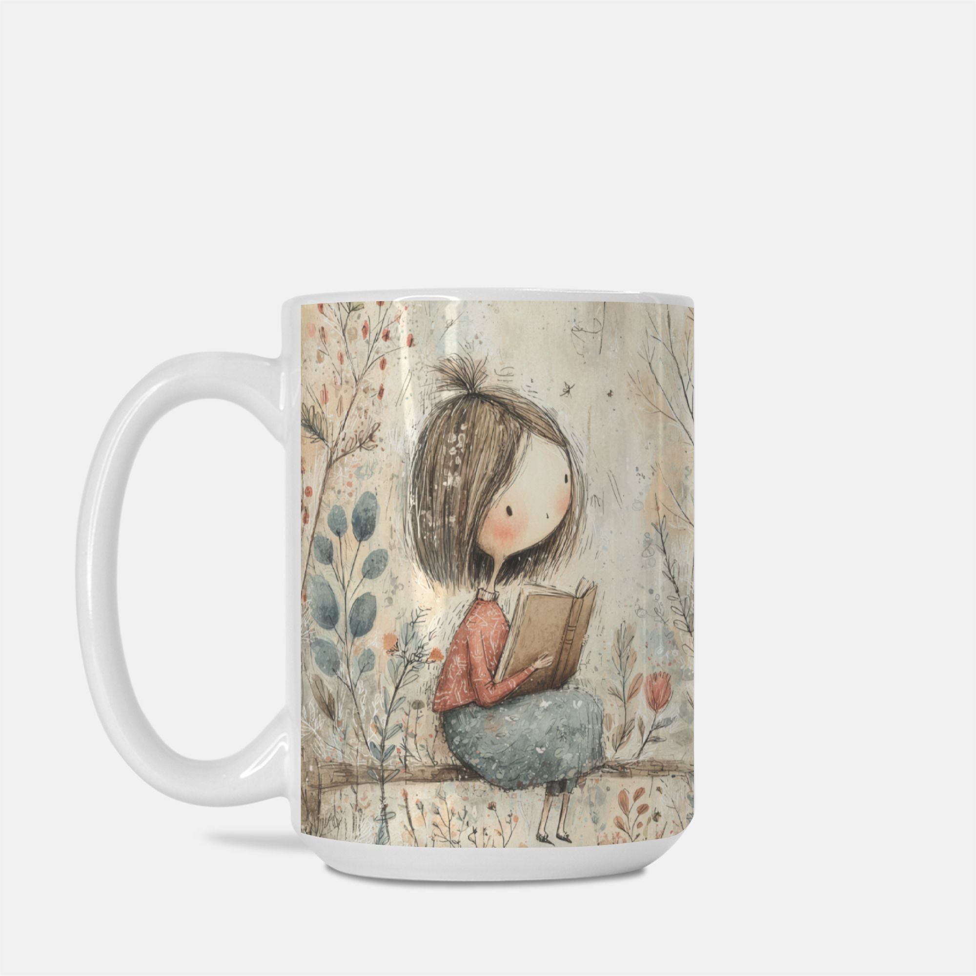 Mug with a design of a girl holding a book and surrounded by nature on a white background