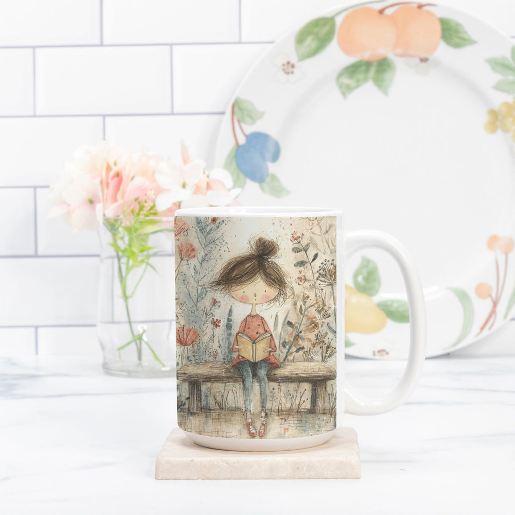 Mug with a design of a girl reading a book on a bench, placed on a marble coaster with a white tiled wall and flowers in the background.