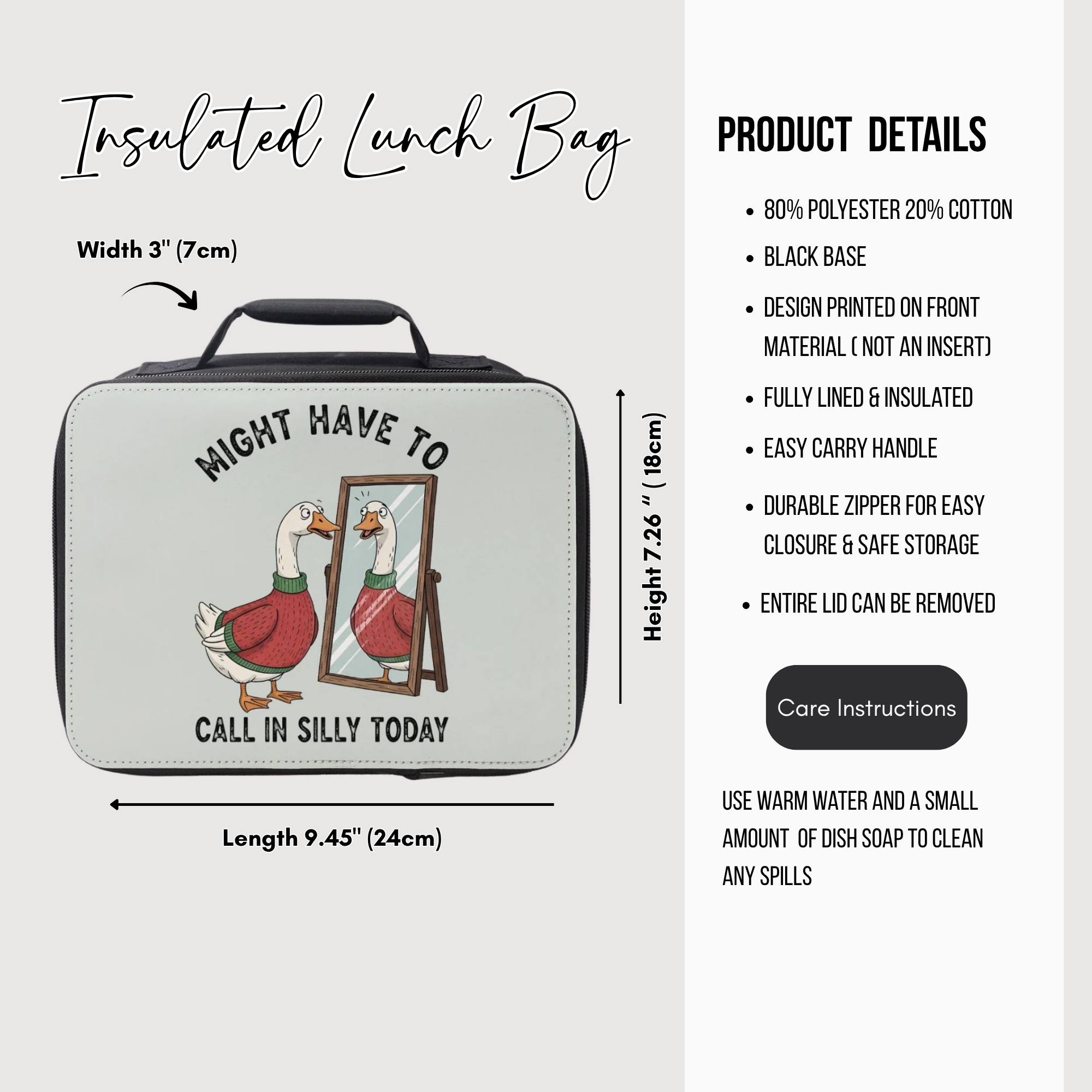 Insulated lunch bag with cartoon goose design and product details on a white background
