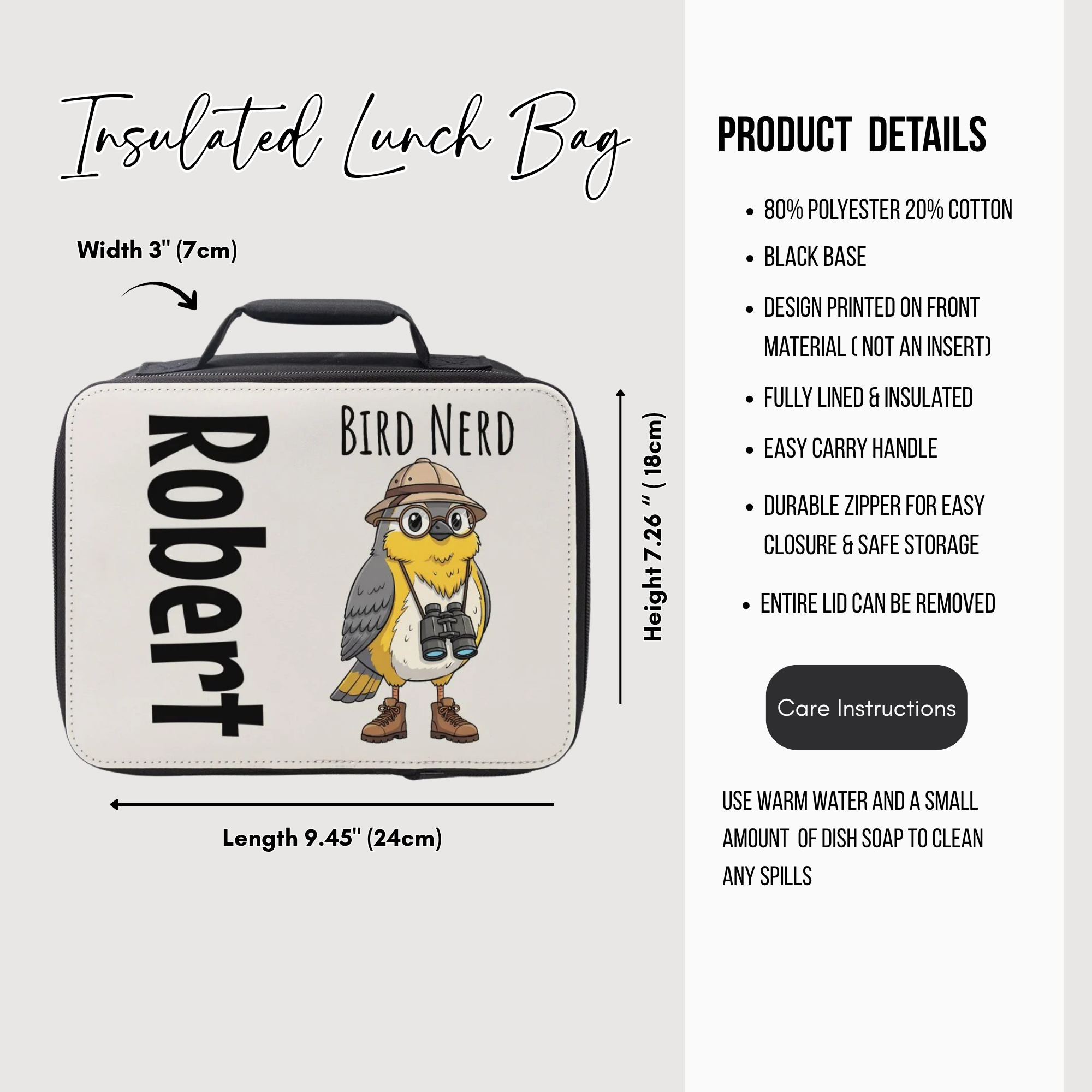 Insulated lunch bag with bird-themed design and product details on a white background
