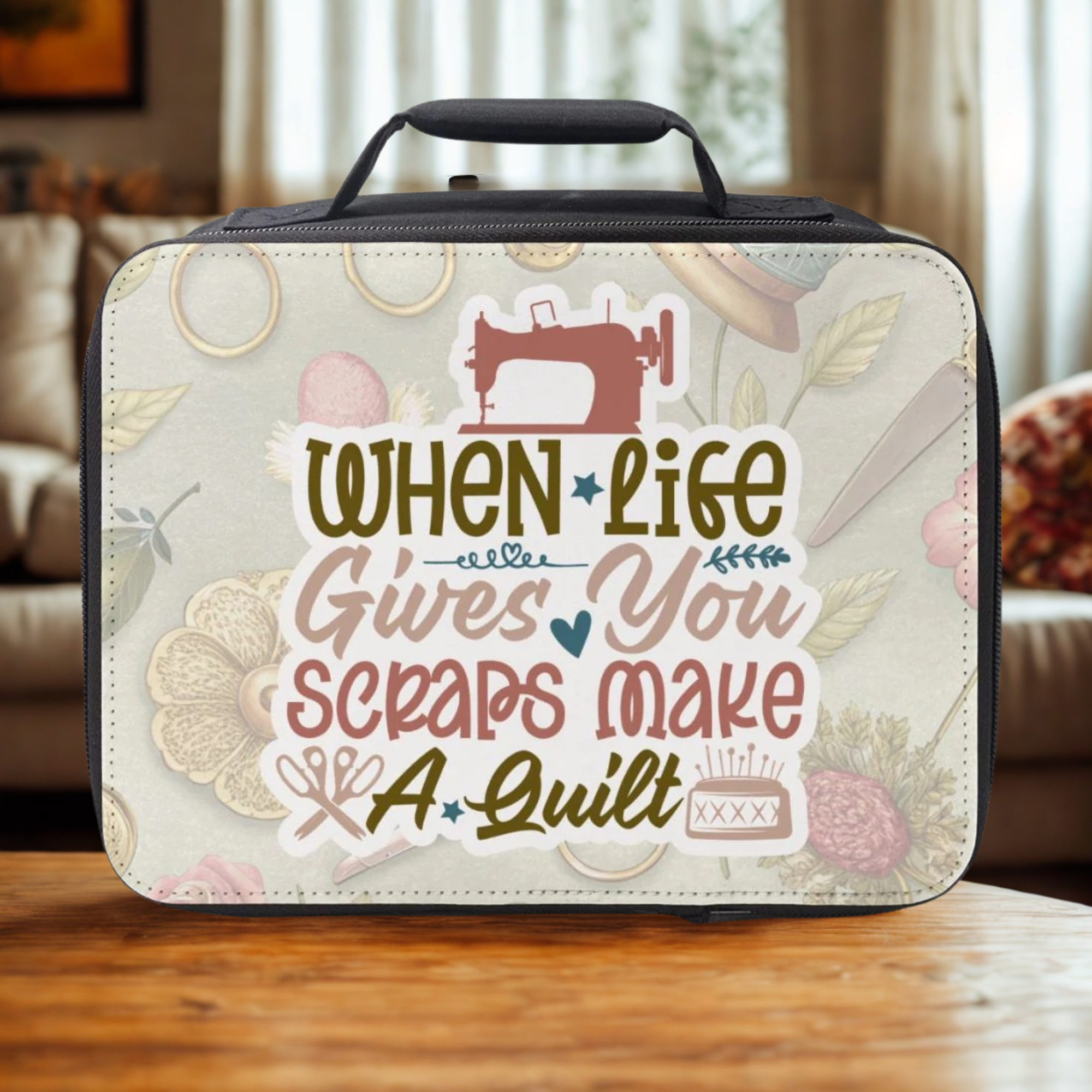 Insulated lunch bag with sewing design and text on a wooden coffee table in a living room.